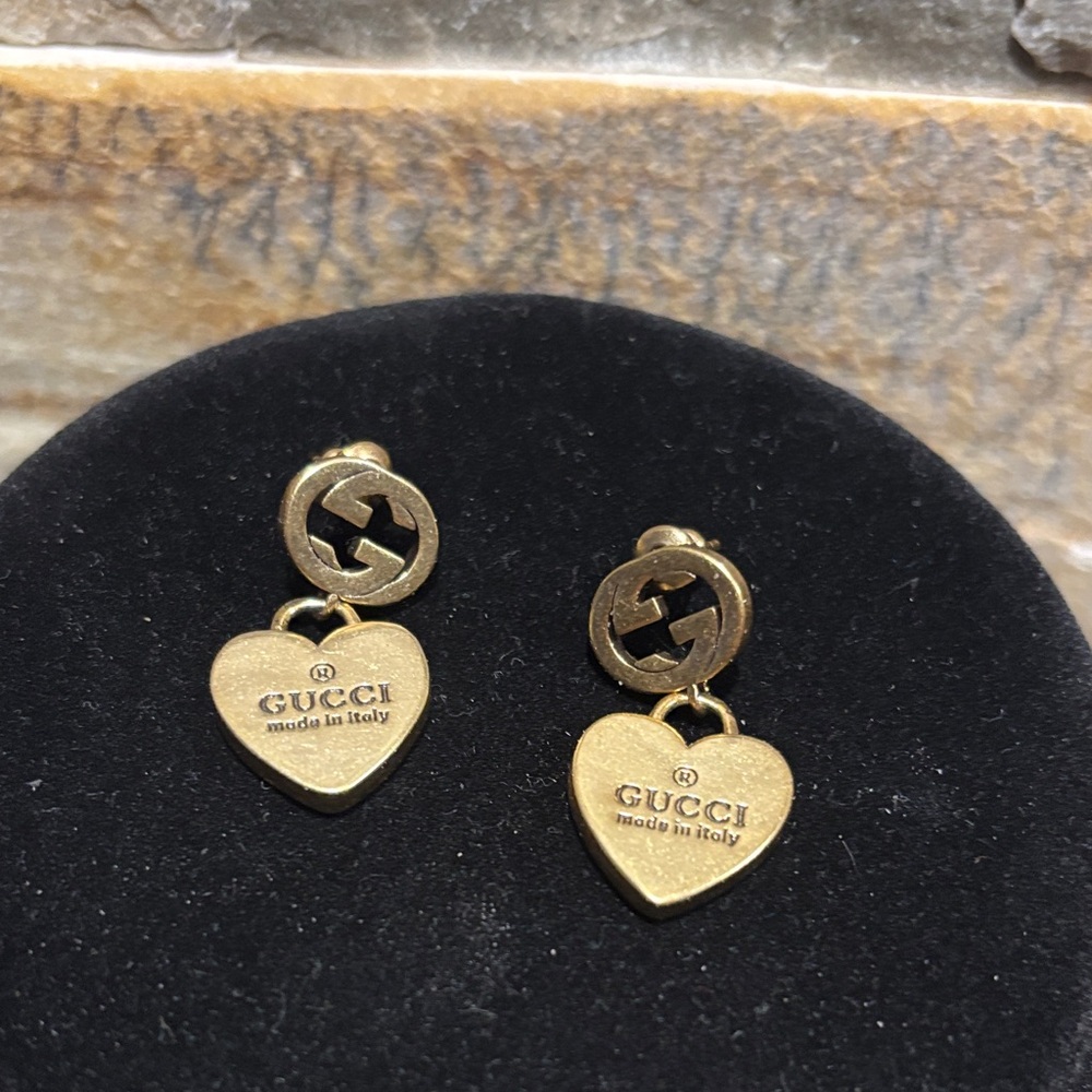 Gold Heart Drop Earrings with Double-G Motif